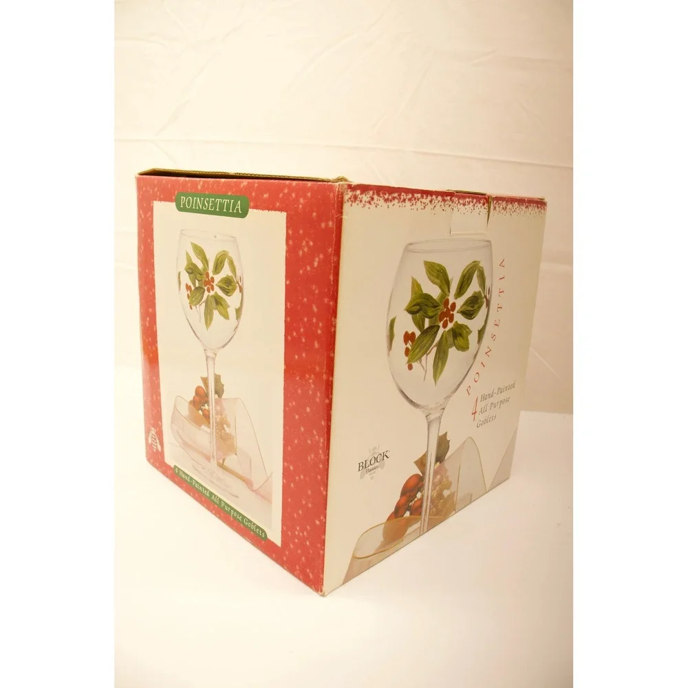 Block Basics Poinsettia Hand Painted All Purpose Goblets Set of 4 Christmas Wine